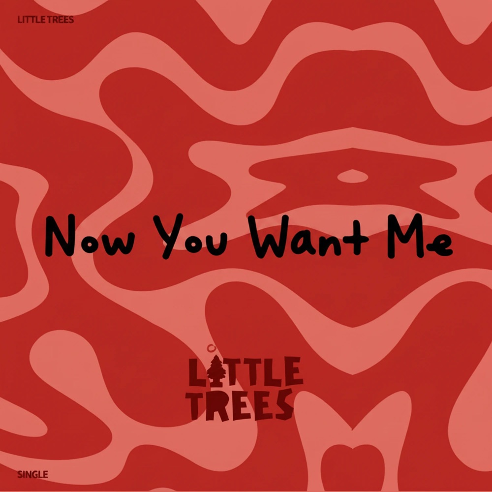 Single artwork for So now you want me. The words Now You Want Me in black handwriting across a wavy pattern of red and salmon pink, with the Little Trees logo underneath.